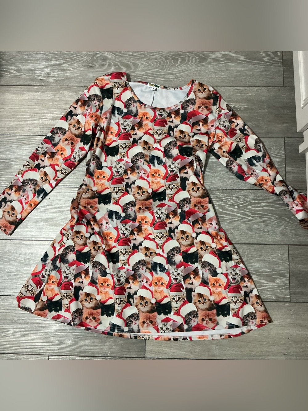 🐈‍⬛ Tipsy Elves Meowy Christmas Cat Santa Hat Face Print Long Sleeve Dress XL
